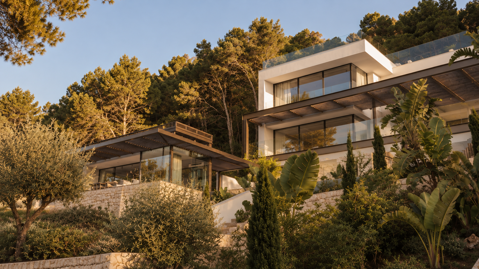 A contemporary villa in the afternoon light